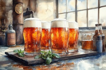 A still life of three glasses of beer on a wooden table, perfect for advertising brewery or pub promotions
