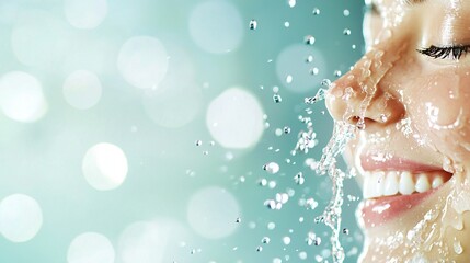 Fototapeta premium A woman's face with water streaming from her mouth and water droplets cascading down it