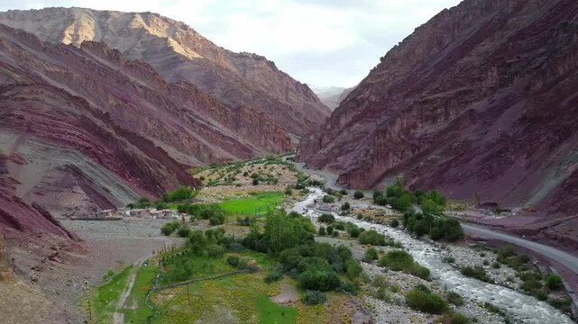 An aerial view of himalayan mountains near lato village in the leh district of ladakh between the Indus river valley and tanglang la pass on the leh-manali highway in India.