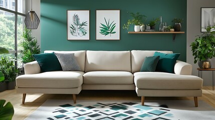 Modern living room with beige sectional sofa, teal accents, plants, and geometric rug.