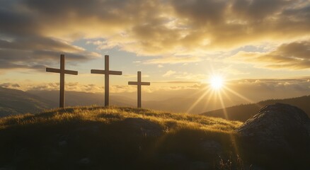 Obraz premium Inspirational Silhouette of Three Wooden Crosses Against a Dramatic Sunrise Over Rolling Hills and Lush Greenery, Symbolizing Faith and Hope in Nature's Embrace