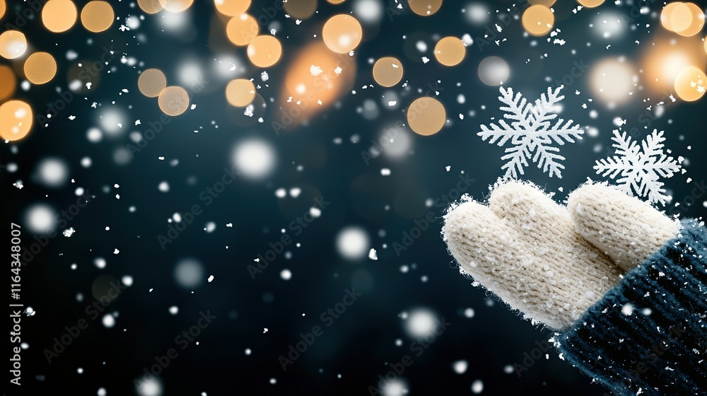 Poster a pair of knitted mittens featuring a snowflake design against a background of blurred bokeh lights