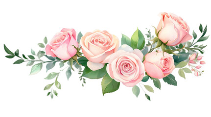Fototapeta premium Watercolor Floral Corner Bouquet Frame with Pink Roses and Greenery for Elegant Designs, PNG Transparent Background