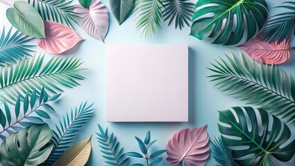 Blank Square Canvas Surrounded by Lush Tropical Foliage and Pastel Pink Leaves on a Light Blue Background