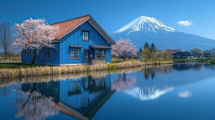 Fototapeta premium Serene landscape with a blue house and Mount Fuji reflection.