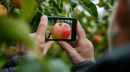 an upclose photo of an agro tourist taking a picture of an apple hanging on an apple tree You see the apple through their phone screen The image appears to have been ta