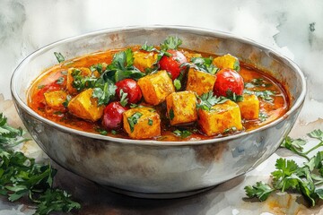 A simple bowl of tofu served with sliced tomatoes and fresh parsley