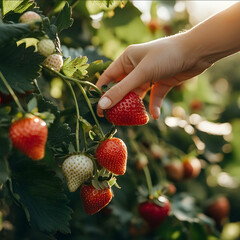 A womans hand plucks a beautiful ripe large strawberry with her fingers from a green strawberry bush on which ripe and unripe strawberries hang Sunny light photographed