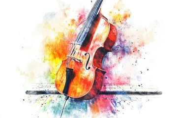 A watercolor painting of a violin on a sheet of music, perfect for use in educational or creative contexts