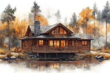 A cozy cabin nestled among trees in a dense forest