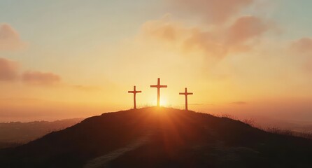 Obraz premium Majestic Sunset Over Three Crosses on a Hilltop, Symbolizing Faith, Hope, and Spiritual Reflection in a Serene Landscape at Dusk