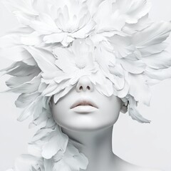 A woman wearing white flowers in her hair, possibly as part of a traditional or cultural practice