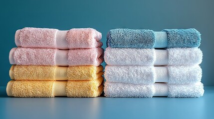   A row of towels on a blue-white table against a blue wall
