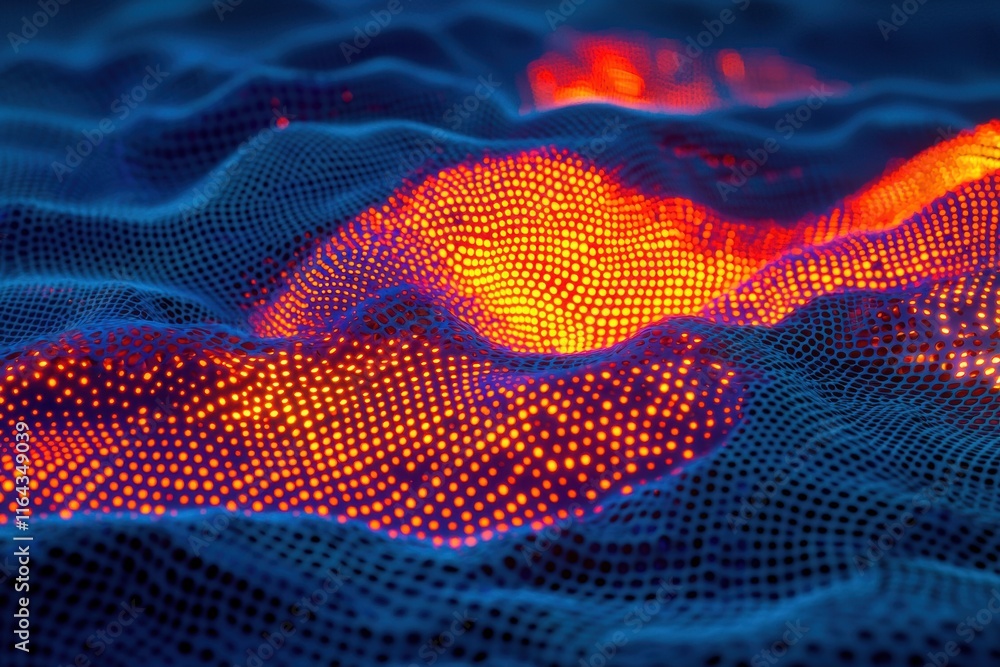 Poster abstract digital visualization of wavy surface with glowing patterns