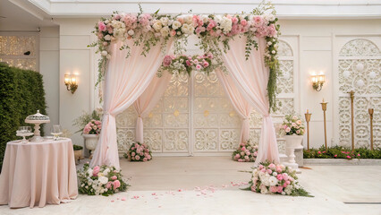 creative romantic Photography background, wedding background, photo background with delicate floral arch with drapery and wall.