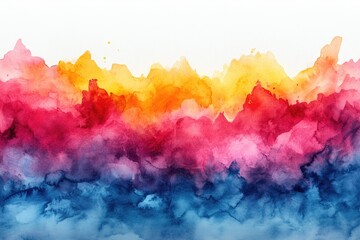 A picturesque watercolor representation of a mountain range with lush greenery and towering peaks