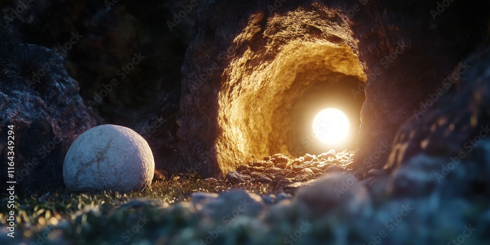 Poster mysterious cave entrance illuminated by soft light with a smooth stone on the ground creating an eni