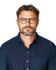 Obraz premium A confident man in glasses poses thoughtfully, showcasing a modern, professional look suitable for various themes.