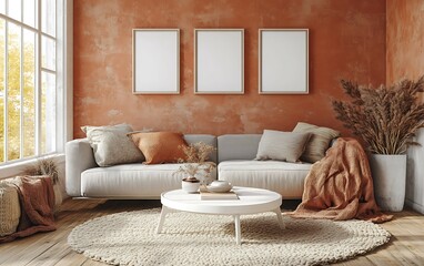 Cozy living room with beige sofa, orange wall, three frames, round rug, and autumn decor.