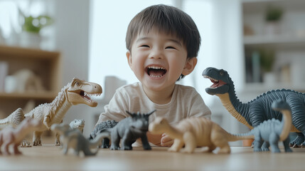 Fototapeta premium 4 years old asian kid laughing while playing with dinosaurs toys at home
