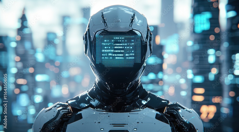 Poster futuristic robot with high-tech interface in urban environment