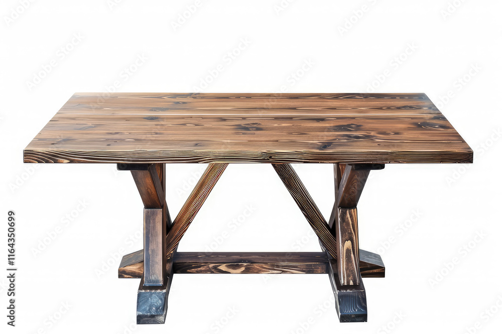 Poster a rustic wooden table with a sturdy design, suitable for dining or workspace use. isolated on white 