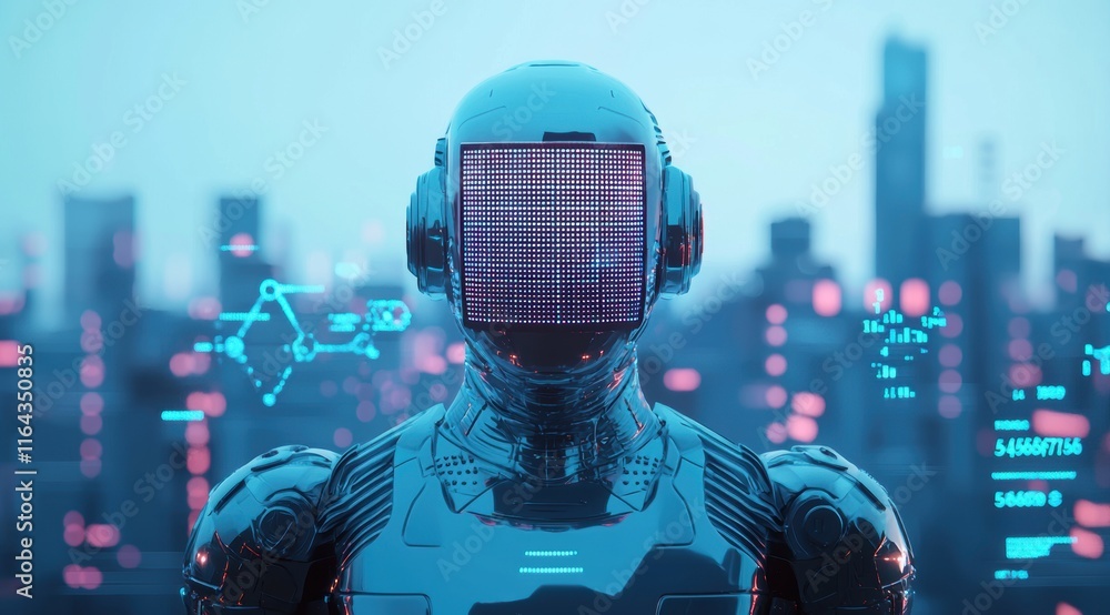 Poster futuristic robot with led face in high-tech urban environment