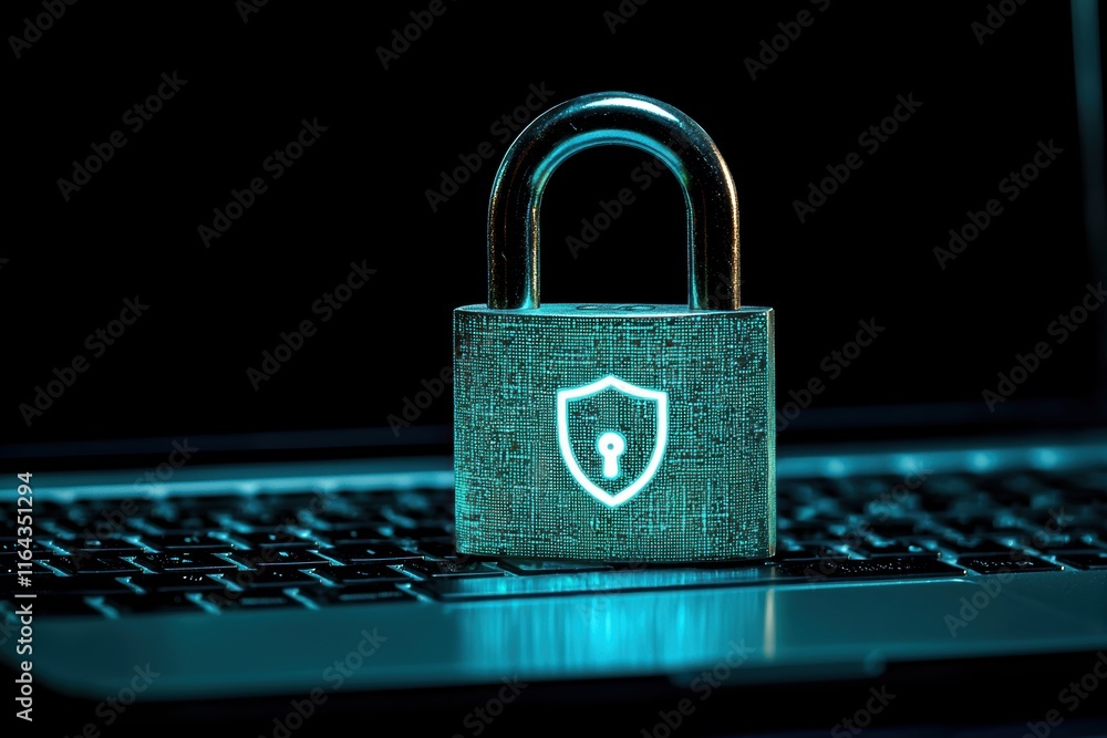 Poster digital security concept with lock and shield on laptop keyboard
