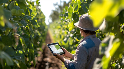 A highresolution realistic photo of a farmer using a digital tablet with the Field Companion app in a hazelnut orchard The app screen should display data on hazelnut g
