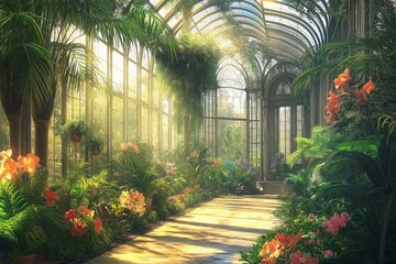 Obraz premium Vibrant Conservatory with Exotic Plants and Dappled Sunlight
