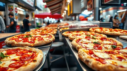 Freshly Baked Pepperoni and Margherita Pizzas Displayed at a Bustling Food Market