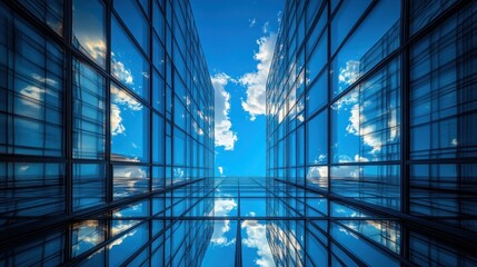 Sky reflected in modern glass buildings.