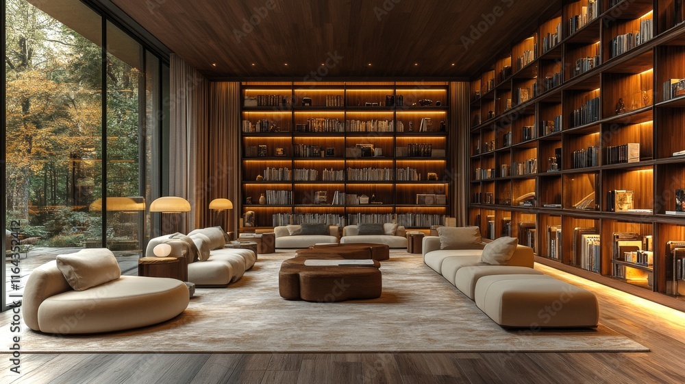 Poster a cozy reading room showcases a modern aesthetic with plush seating and a large bookshelf filled wit