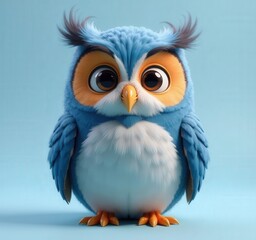 Obraz premium Blue owl with orange beak and large eyes on blue background