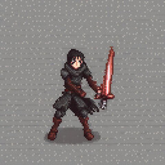 Obraz premium Pixel art of a man wielding a sword, showcasing classic gaming aesthetics.
