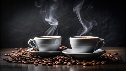 Two steaming cups of coffee on saucers, surrounded by roasted coffee beans on a dark surface