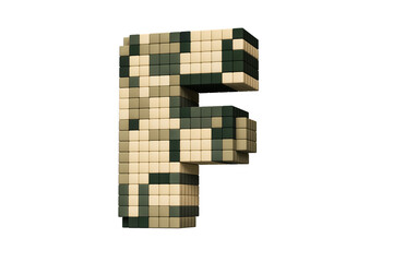 Pixel art digital typography letter F in green and brown military tones. High quality 3D rendering.