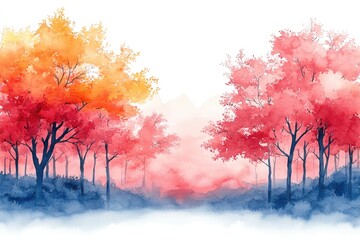 A watercolor depiction of trees with vibrant red and orange leaves