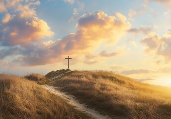 Obraz premium Scenic Landscape with Cross on Hilltop Under Beautiful Sunset Sky Featuring Soft Clouds and Gentle Grass in a Serene Natural Environment