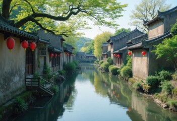 Canal with red lanterns in a village setting