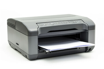 A gray printer with paper partially ejected, designed for printing documents. isolated on white background