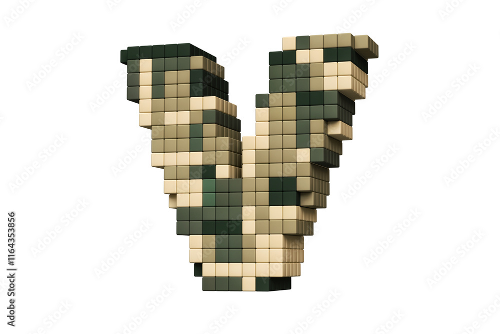 Aufkleber 16-bit font pixel art style letter v in green and brown army style. high definition 3d rendering.