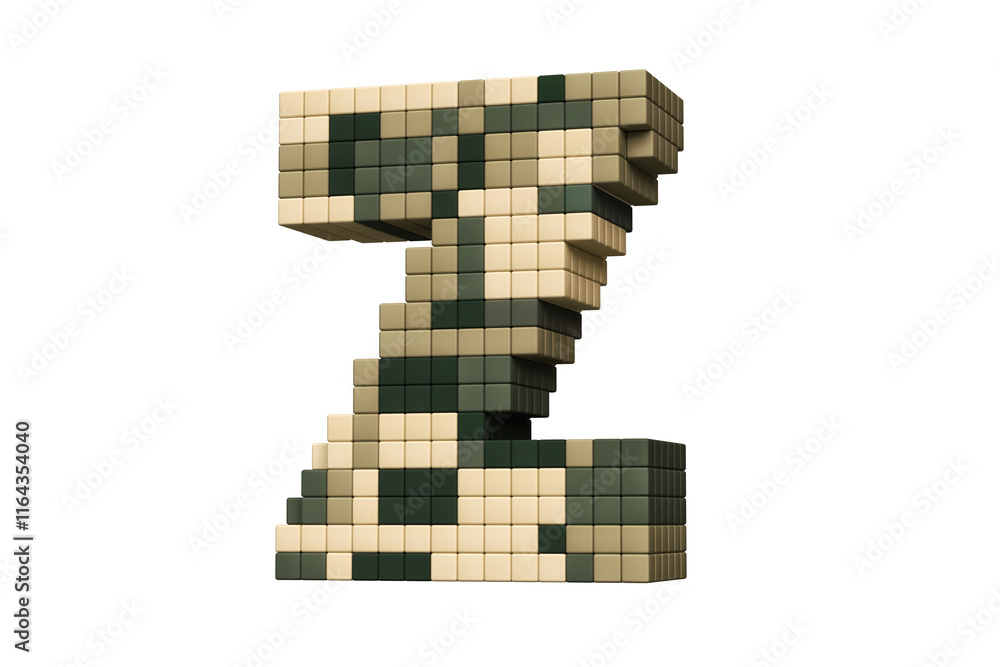 Poster 16-bit font pixel art style z letter in military camouflage tones. high-definition 3d rendering.