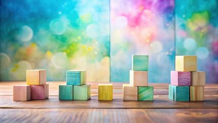 Pastel Wooden Blocks Arranged in Ascending Order on a Wooden Surface Against a Bright, Blurred Background