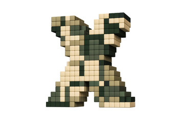 Fototapeta premium Pixel art alphabet collection letter X army camouflage tones. High quality 3D rendering.