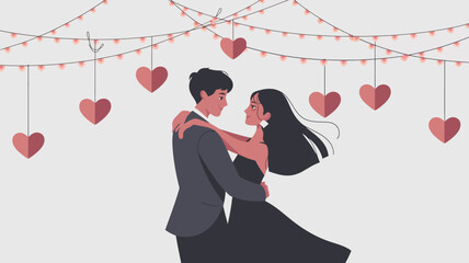 A flat vector illustration of a couple dancing together under a canopy of heart-shaped fairy lights in a romantic setting,