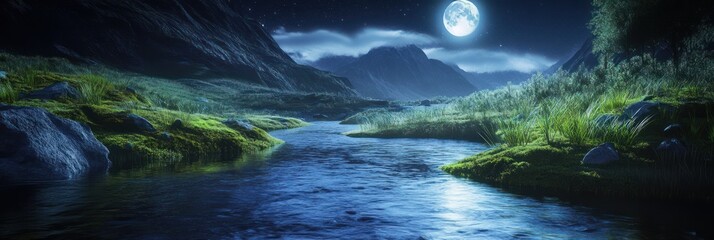 Serene Moonlight Illuminates Mountain River Valley
