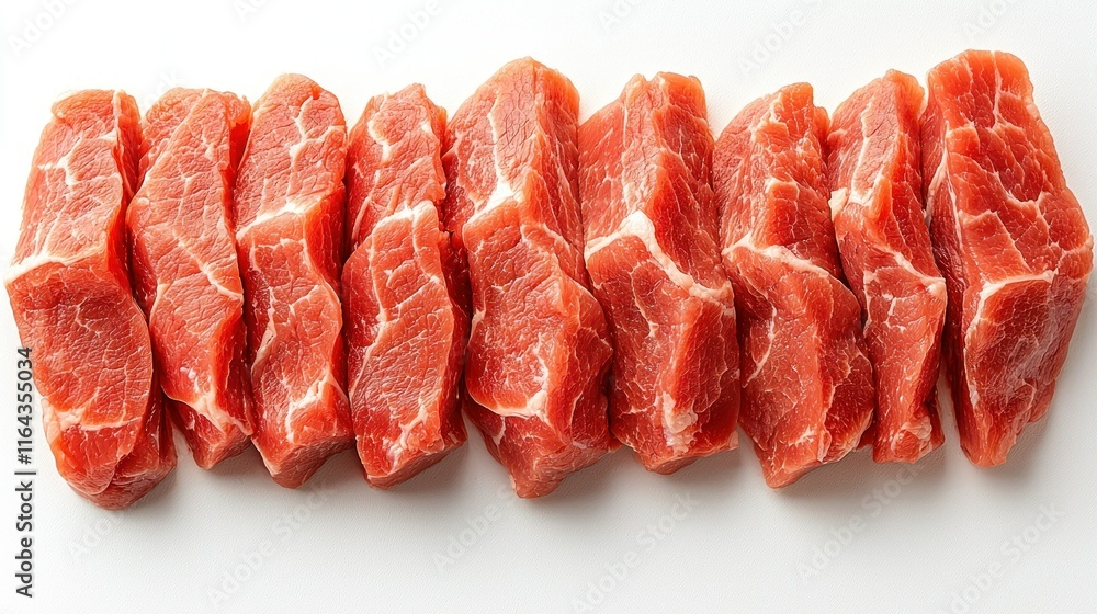 Poster slices of raw meat arranged neatly on a surface.