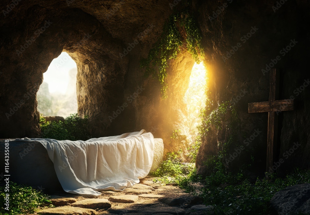 Poster serene cave setting with soft drapes and cross illuminated by gentle morning light, symbolizing peac
