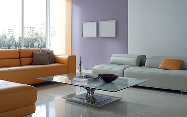 Modern living room interior with orange and white leather sofas, glass coffee table, and large window.